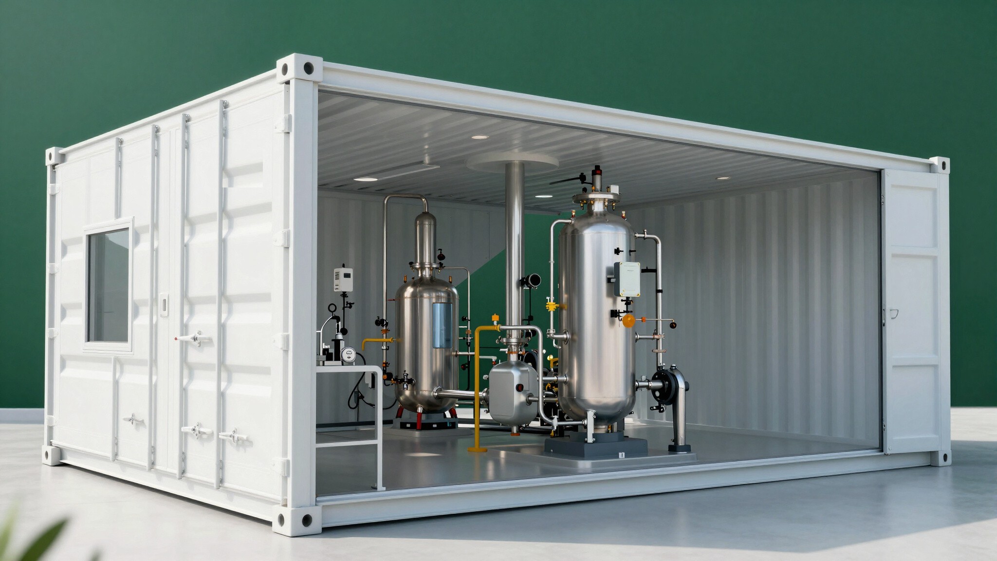 A single UpcycleX container unit with one side open, showing the process vessels and piping inside
